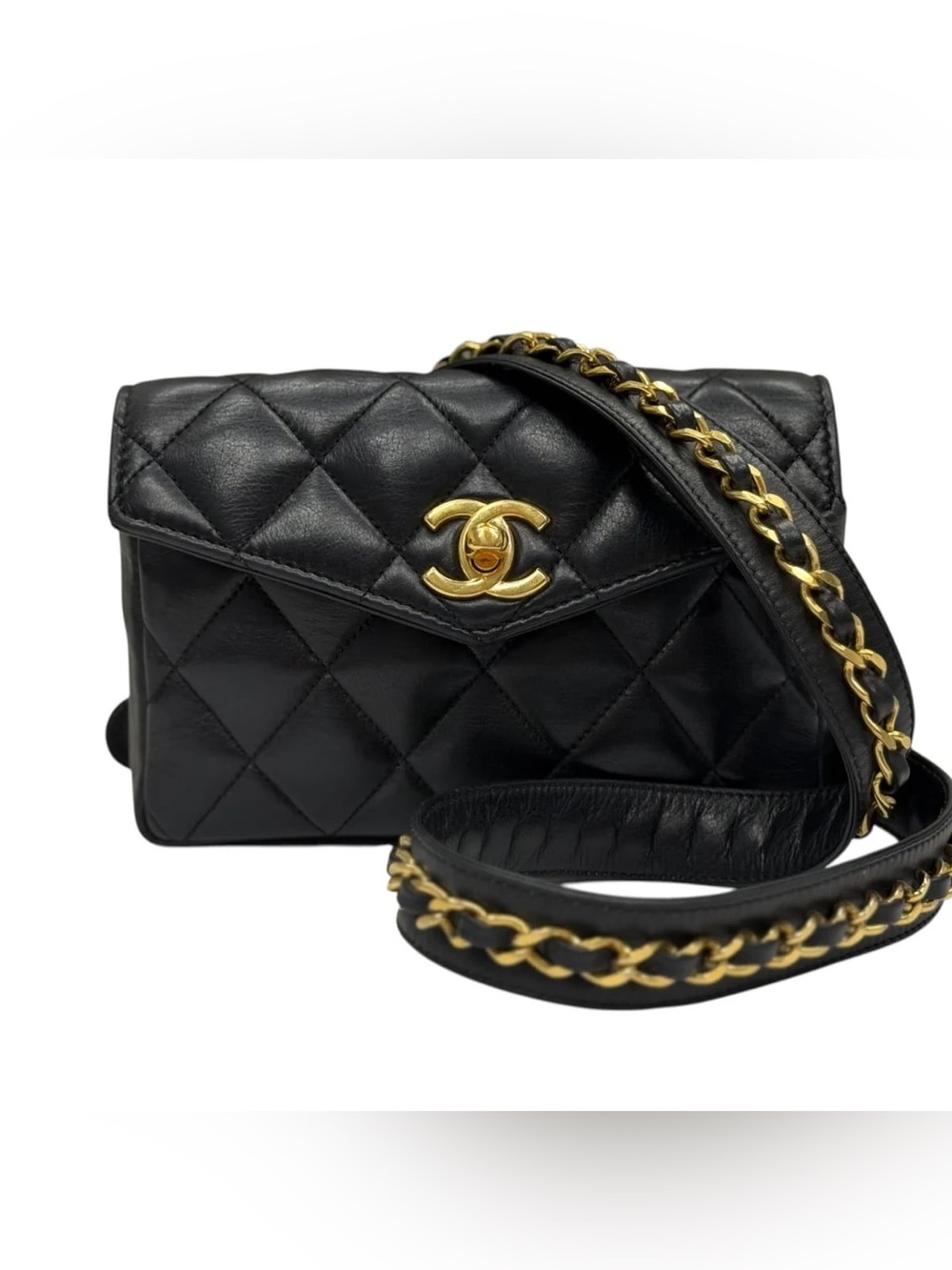 Authentic CHANEL 1980s black lambskin vintage mini belt bum bag waist 70cm